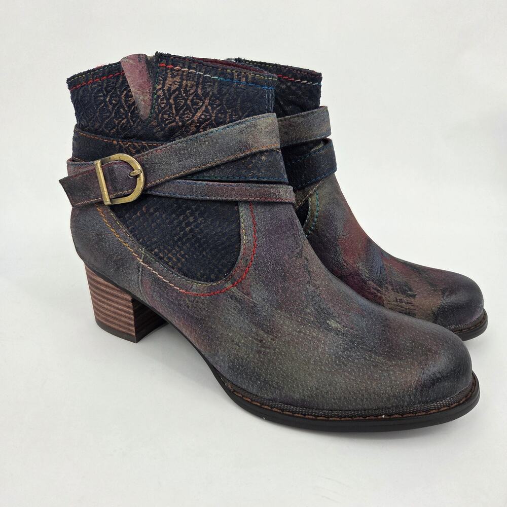 NEW L'artiste Spring Step Shazzam Navy Multi Women's Leather Ankle Boots Size 9